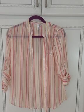 Kut from the Kloth Sheer Striped Button-Up Blouse in Cream and Pink